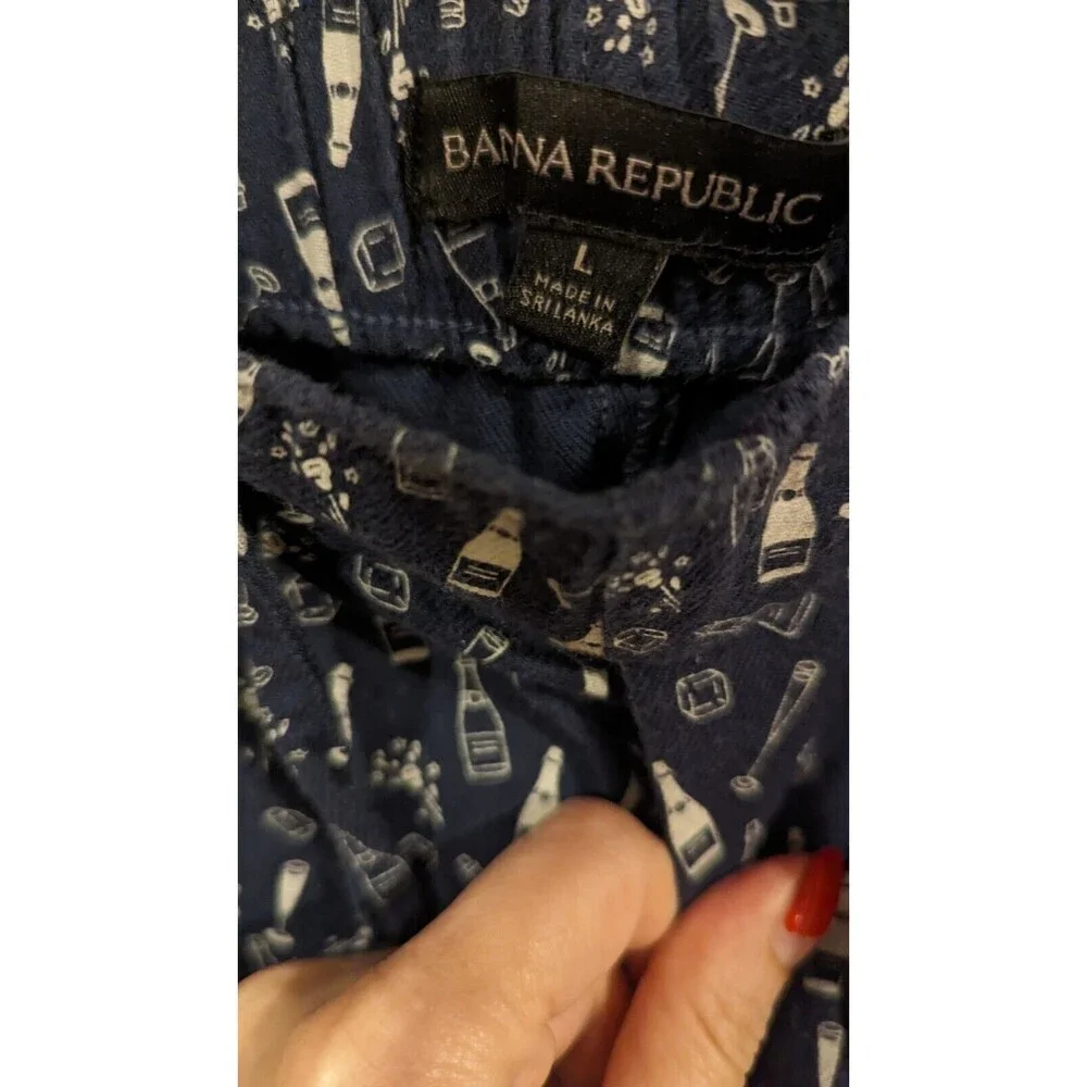 Banana Republic Pajama Pants Large Navy Blue Champagne Bottle Print Chic Cozy‎